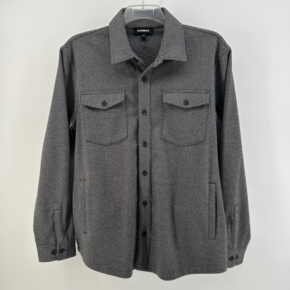 Express Shirt Jacket Mens Large Gray Textured Knit Button Front Shacket Pocket